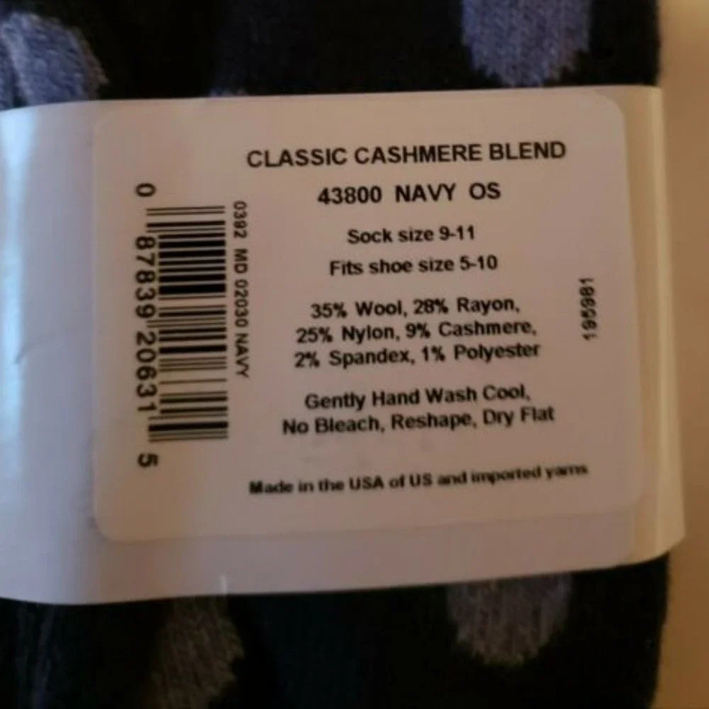 Navy Blue Dot Crew Socks Medium Garnet Hill 9-11 Cashmere Blend Warm Periwinkle